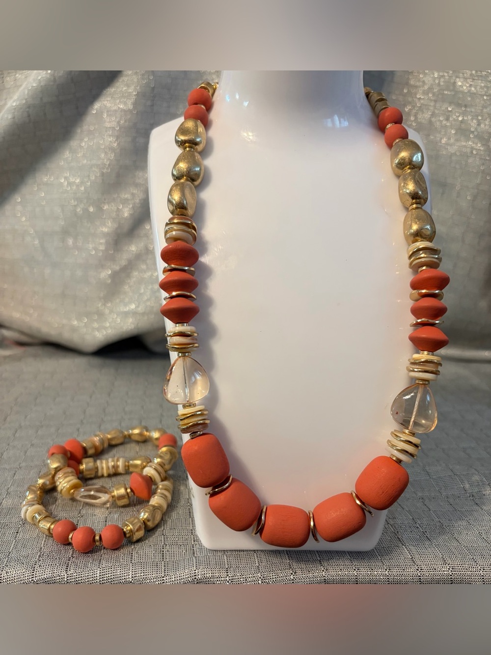 Coral and Gold Beaded Necklace Set Women Jewelry